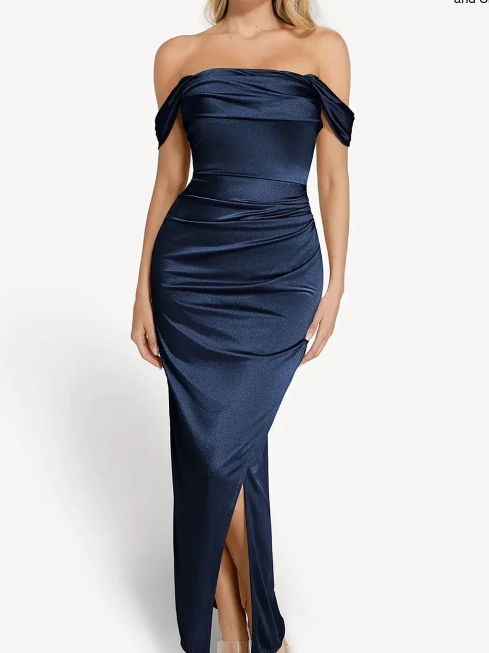 Shapewear Off Shoulder Shine Ruched Sculpting Maxi Dress blue